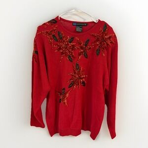 Vintage IB DIFFUSION Christmas SWEATER Red Poinsettia W Sequins Sz Large